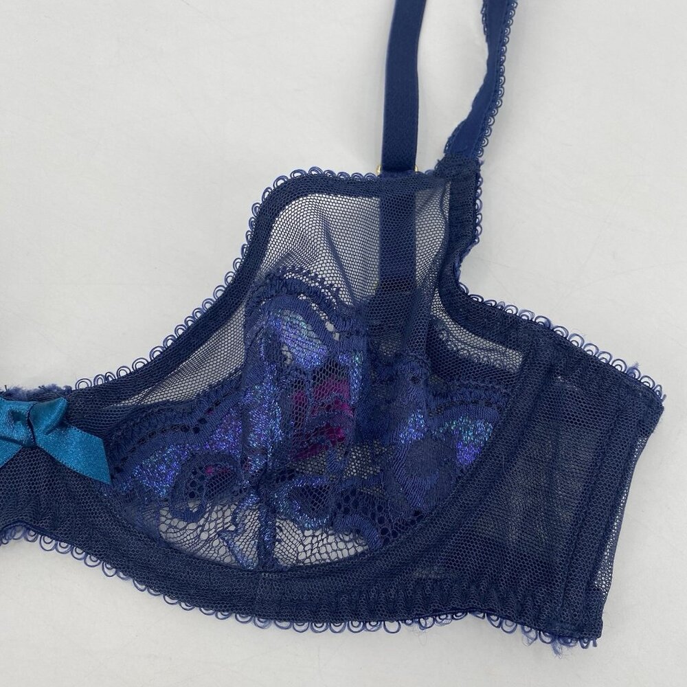 L'Agent Agent Provocateur Non Pad Demi Bra 32C Blue Sheer Lace Glitter - Picture 2 of 9